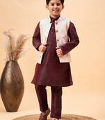  boys' beige and wine jacket, kurta and pyjama set