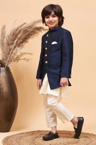 navy blue and cream indowestern set