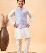 cream and blue jacket, kurta and pyjama set
