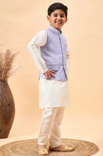 cream and blue jacket, kurta and pyjama set