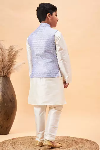 cream and blue jacket, kurta and pyjama set