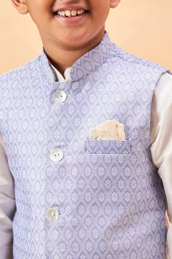 cream and blue jacket, kurta and pyjama set