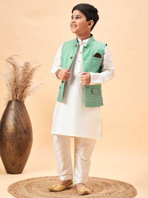cream and green jacket, kurta and pyjama set 1