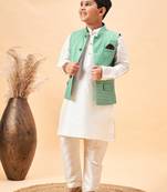 cream and green jacket, kurta and pyjama set