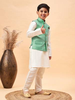cream and green jacket, kurta and pyjama set 2