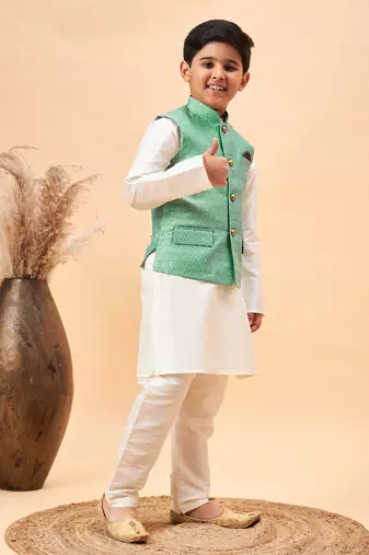 cream and green jacket, kurta and pyjama set
