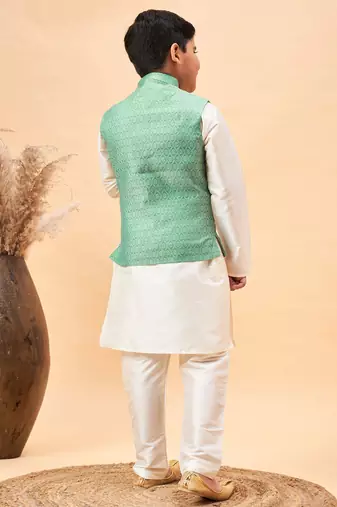 cream and green jacket, kurta and pyjama set