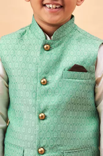 cream and green jacket, kurta and pyjama set