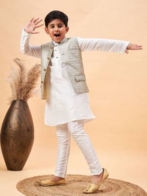 white and beige jacket, kurta and pyjama set 1