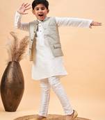 white and beige jacket, kurta and pyjama set
