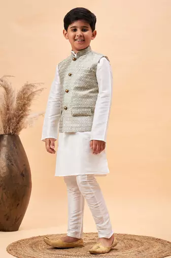 white and beige jacket, kurta and pyjama set