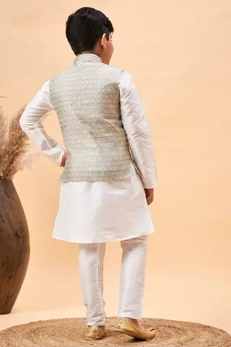 white and beige jacket, kurta and pyjama set