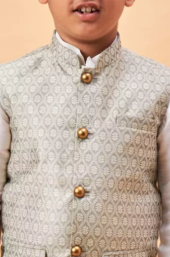 white and beige jacket, kurta and pyjama set