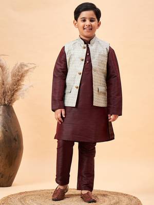 wine and beige jacket, kurta and pyjama set 1