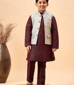 boys' wine and beige jacket, kurta and pyjama set