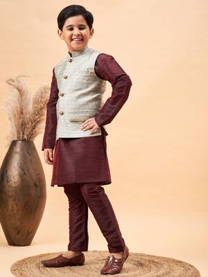 wine and beige jacket, kurta and pyjama set 2