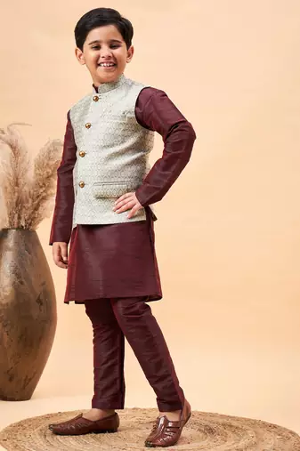 wine and beige jacket, kurta and pyjama set