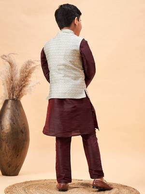 wine and beige jacket, kurta and pyjama set 3