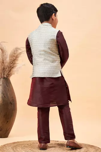 wine and beige jacket, kurta and pyjama set