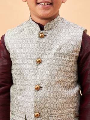 wine and beige jacket, kurta and pyjama set 4
