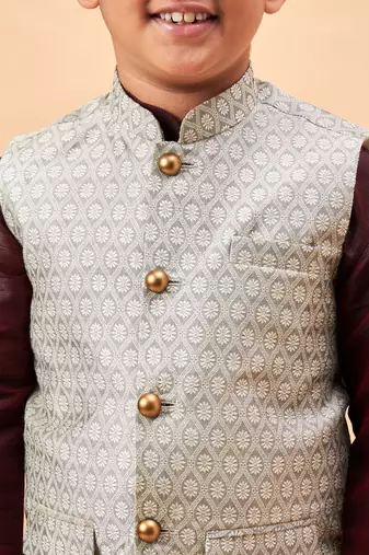 wine and beige jacket, kurta and pyjama set