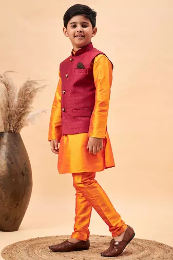 orange jacket, kurta and pyjama set
