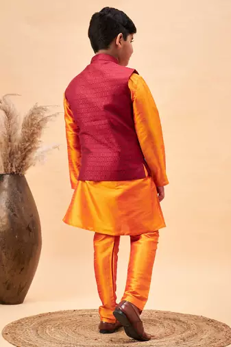 orange jacket, kurta and pyjama set