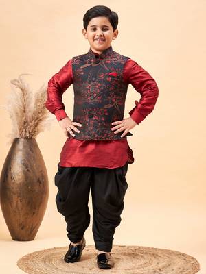 maroon nehru jacket, kurta and dhoti set 1