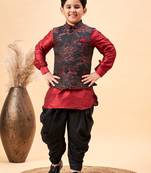maroon nehru jacket, kurta and dhoti set