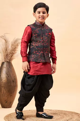 maroon nehru jacket, kurta and dhoti set