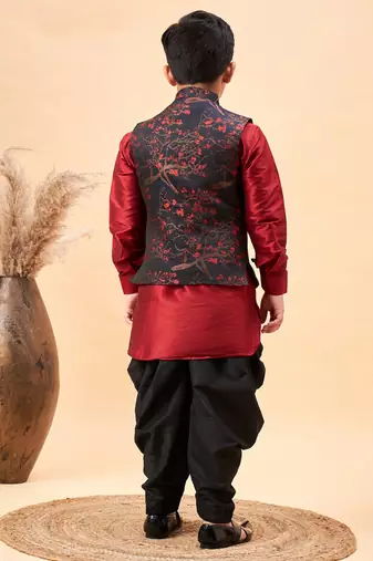 maroon nehru jacket, kurta and dhoti set