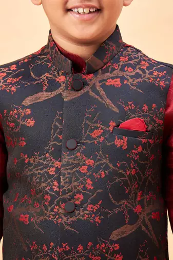 maroon nehru jacket, kurta and dhoti set