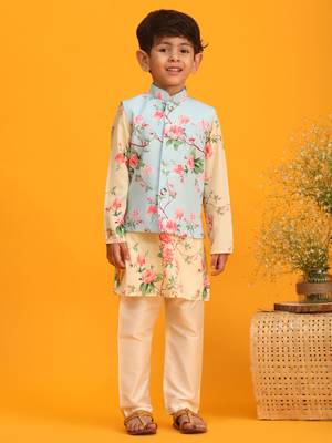 multicolor base yellow jacket, kurta and pyjama set 1