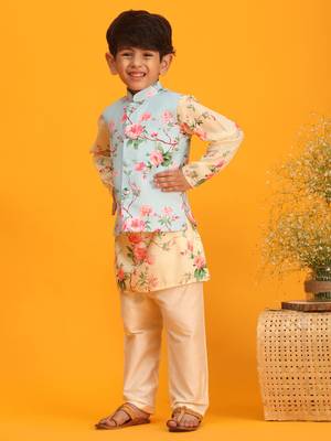 multicolor base yellow jacket, kurta and pyjama set 2