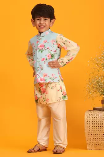 multicolor base yellow jacket, kurta and pyjama set