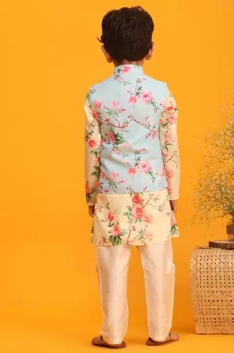 multicolor base yellow jacket, kurta and pyjama set