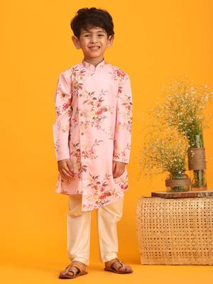  boys' multicolor base pink kurta pyjama set 1