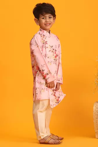 boys' multicolor base pink kurta pyjama set