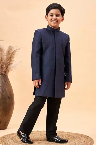 navy blue and black sherwani set