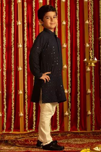 navy blue and white kurta pyjama set