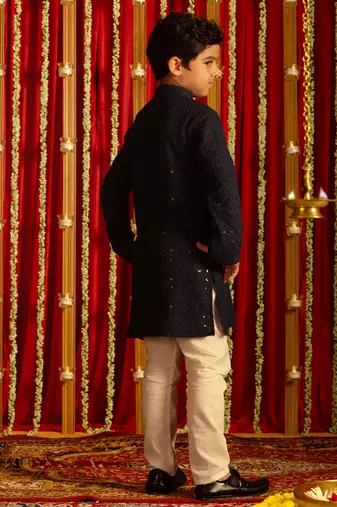 navy blue and white kurta pyjama set