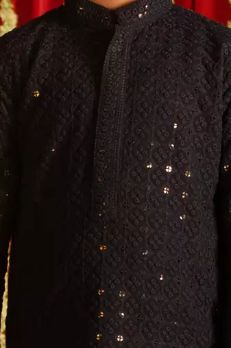 navy blue and white kurta pyjama set