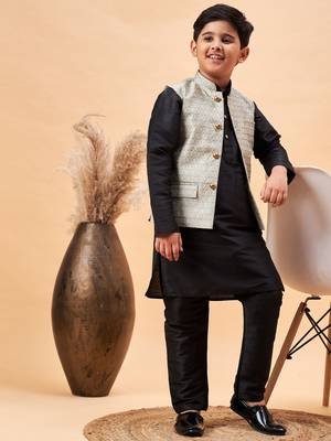 beige and black jacket, kurta and pyjama set 1