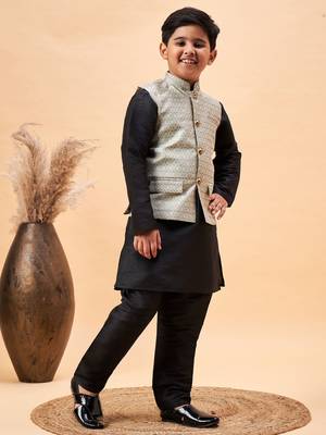 beige and black jacket, kurta and pyjama set 2