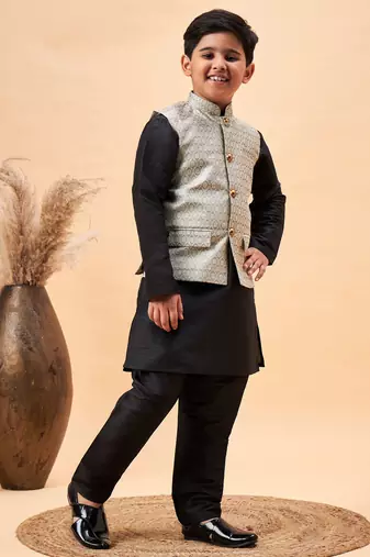 beige and black jacket, kurta and pyjama set