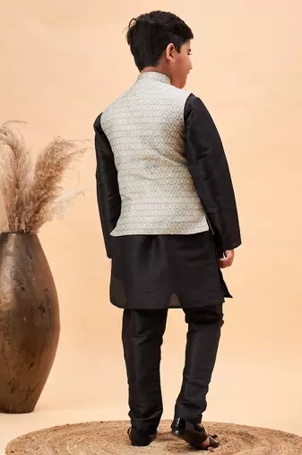 beige and black jacket, kurta and pyjama set