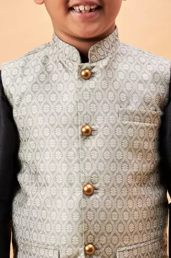 beige and black jacket, kurta and pyjama set