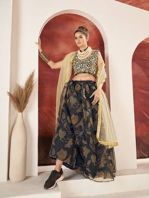Black Organza Printed Semi stitched Lehnega & Unstitch Blouse with Dupatta 1