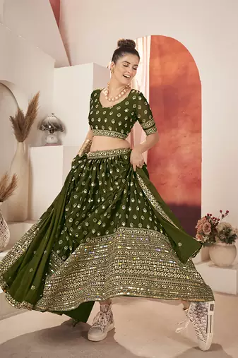 Green Silk Semi Stitched Lehenga & Unstitch Blouse with Dupatta