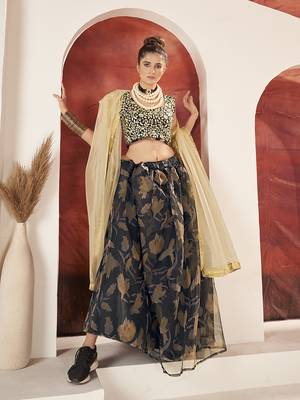 Black Organza Printed Semi stitched Lehnega & Unstitch Blouse with Dupatta 2
